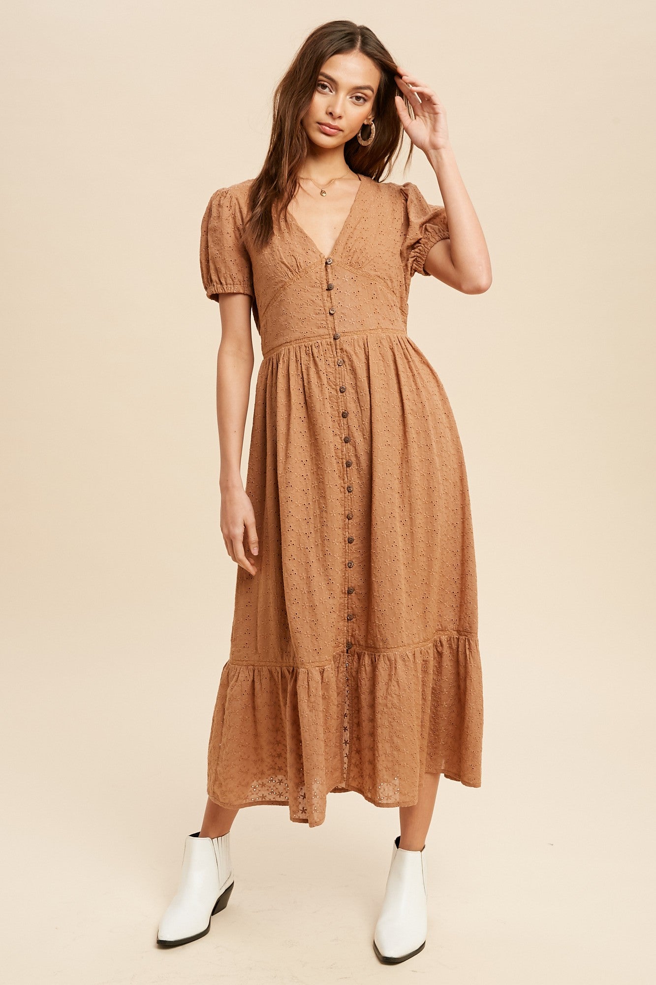 Earthen Eyelet Midi Dress