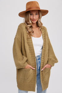 Olive Chunky Cable Lantern Sleeve Cardigan