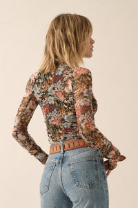 Floral Semi-Sheer Mesh Long Sleeve Knit Top