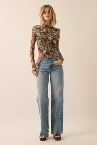 Floral Semi-Sheer Mesh Long Sleeve Knit Top