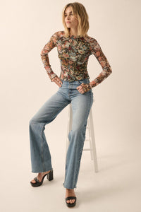 Floral Semi-Sheer Mesh Long Sleeve Knit Top