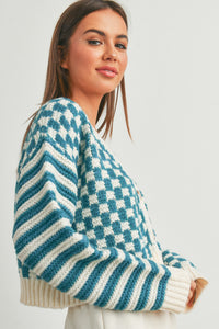 Checkered Button Up Cardigan- Teal