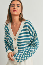 Load image into Gallery viewer, Checkered Button Up Cardigan- Teal

