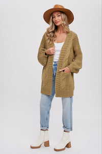 Olive Chunky Cable Lantern Sleeve Cardigan