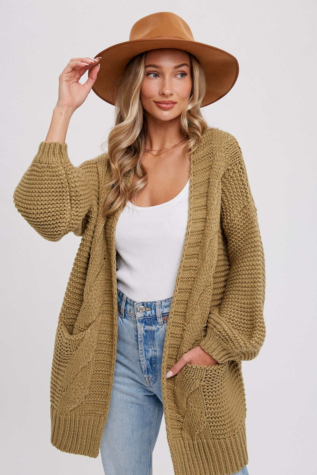 Olive Chunky Cable Lantern Sleeve Cardigan