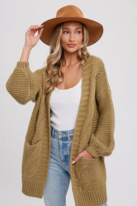 Olive Chunky Cable Lantern Sleeve Cardigan