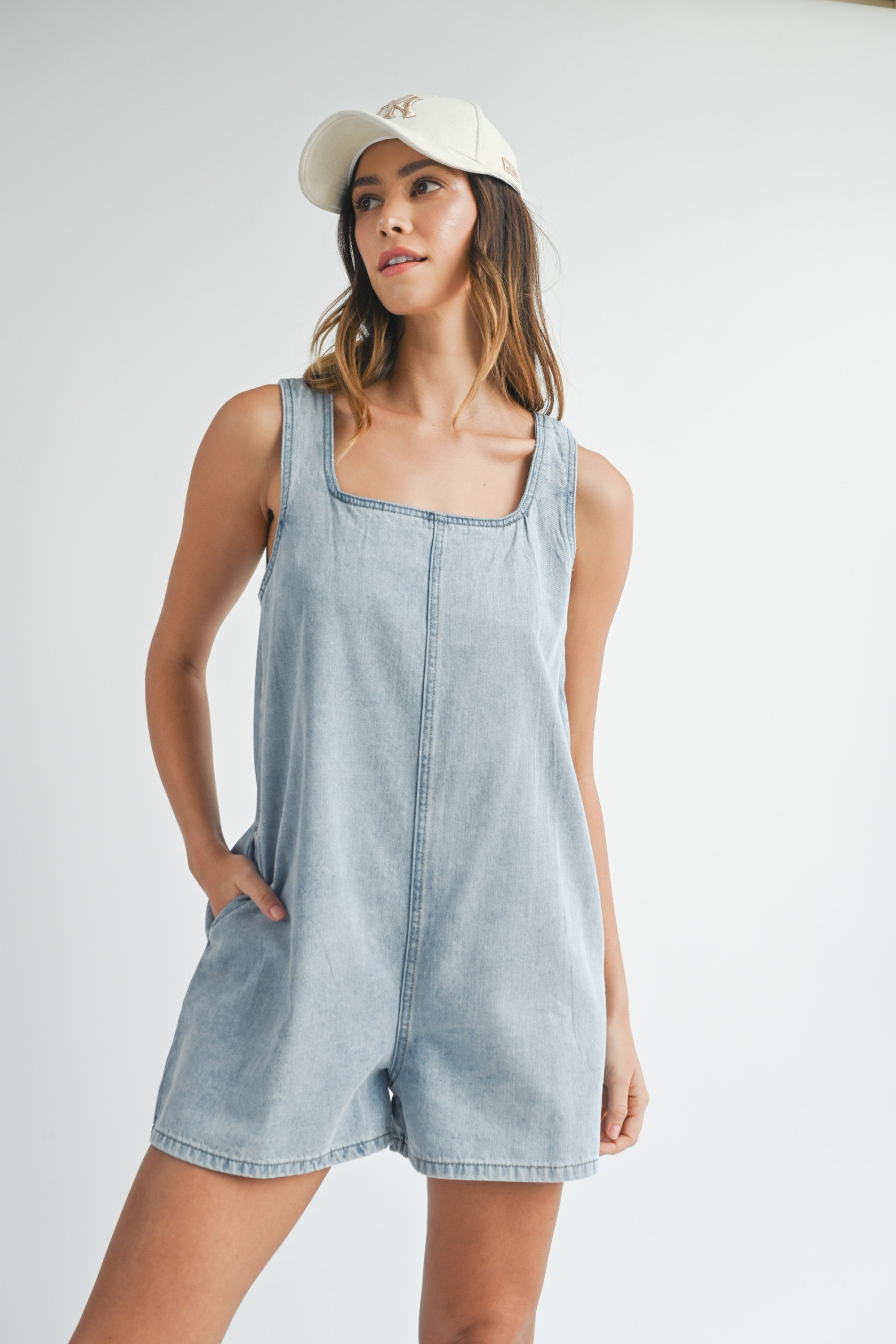 Square Neckline Denim Romper