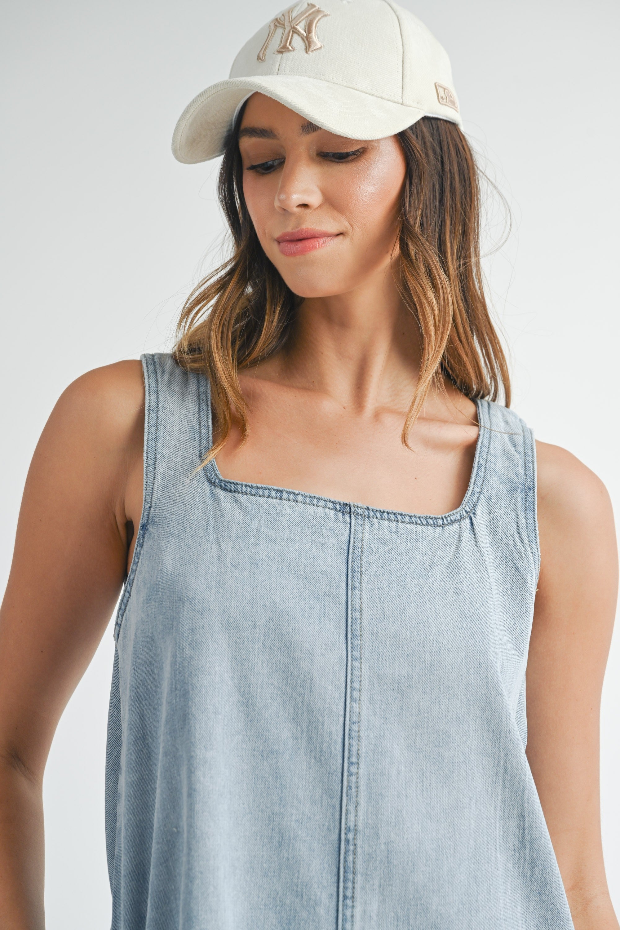 Square Neckline Denim Romper