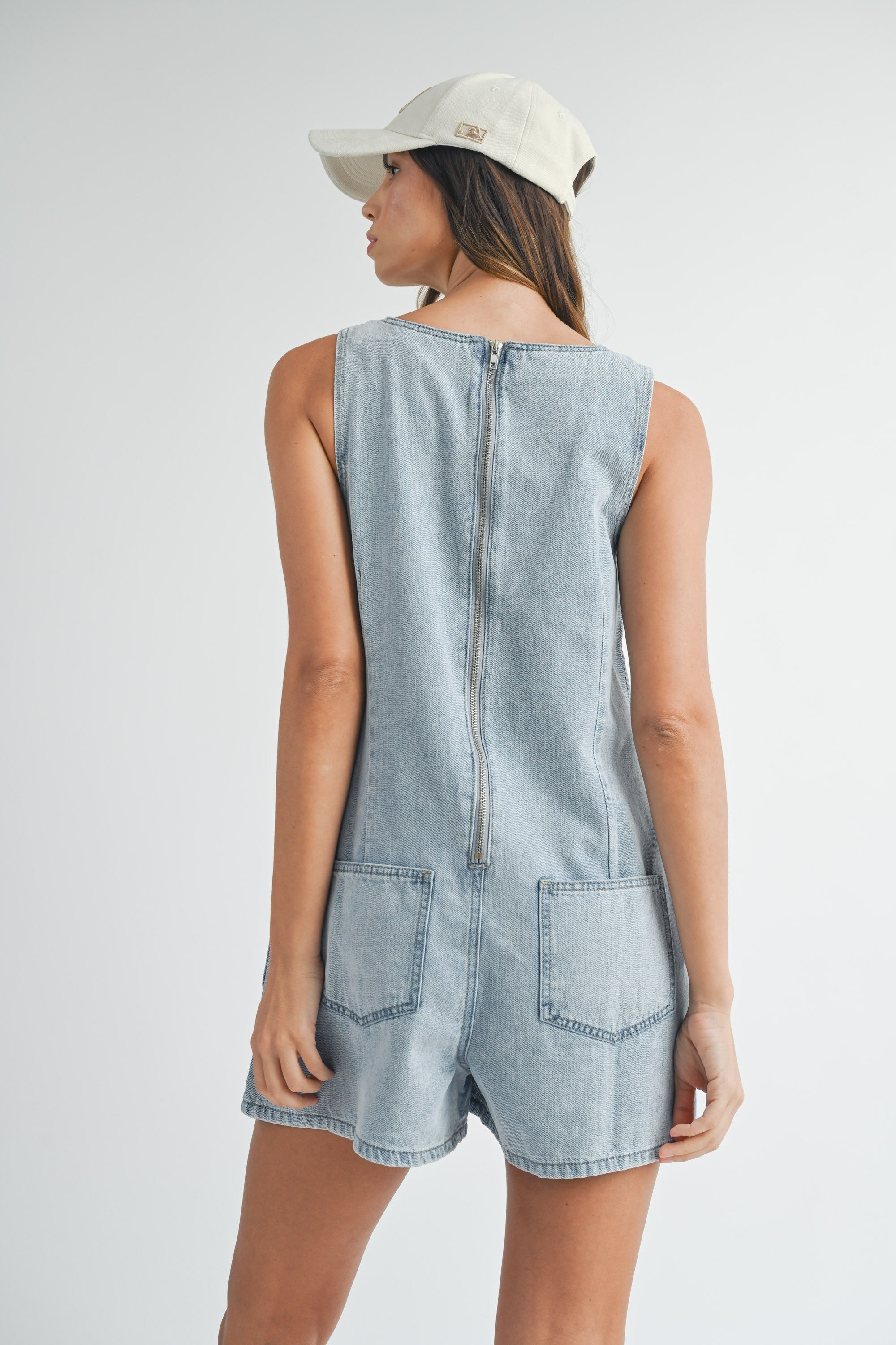 Square Neckline Denim Romper