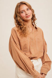 Almond Curved Hem Button Down Shirt