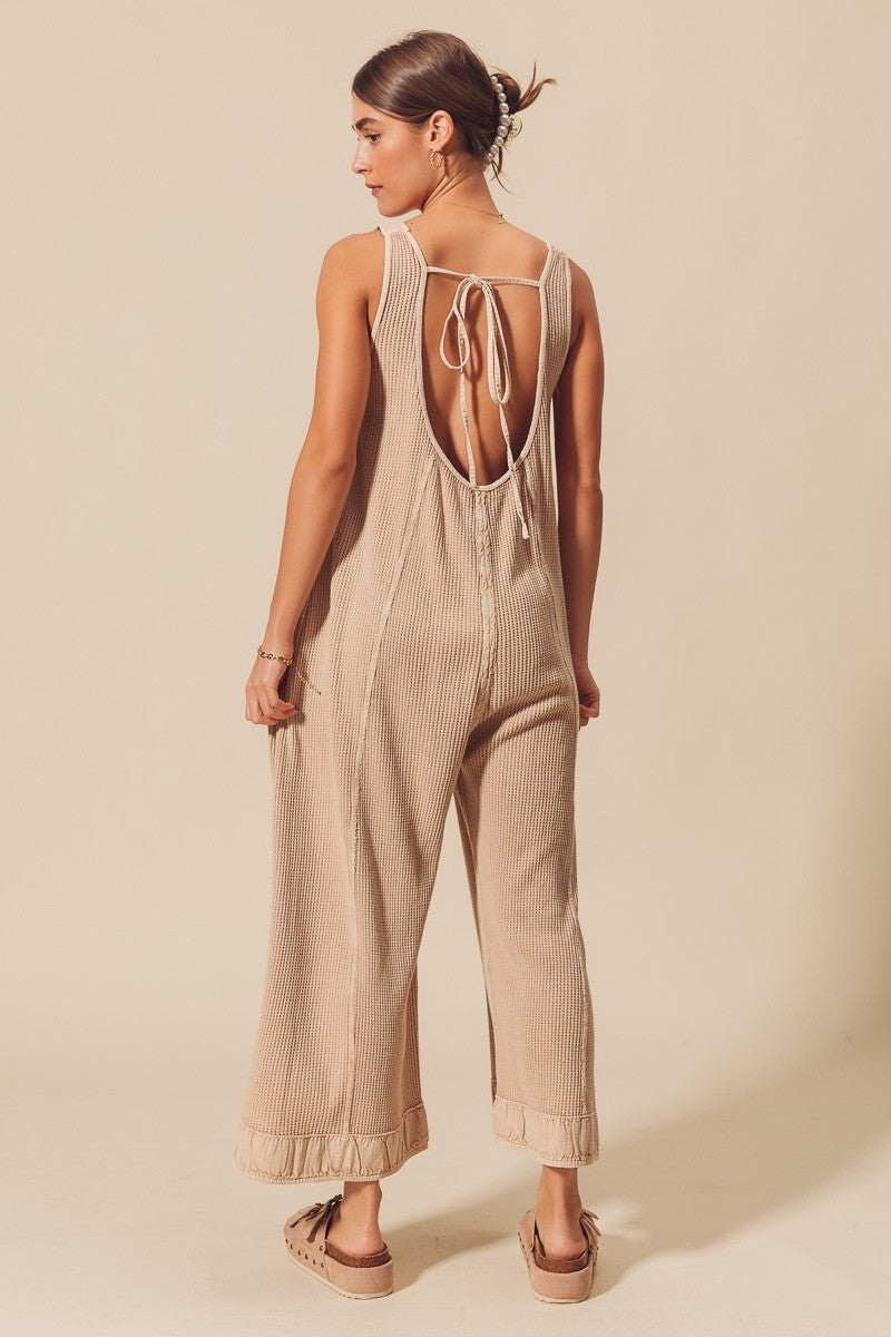 Mineral Washed Thermal Waffle Wide Leg Overalls