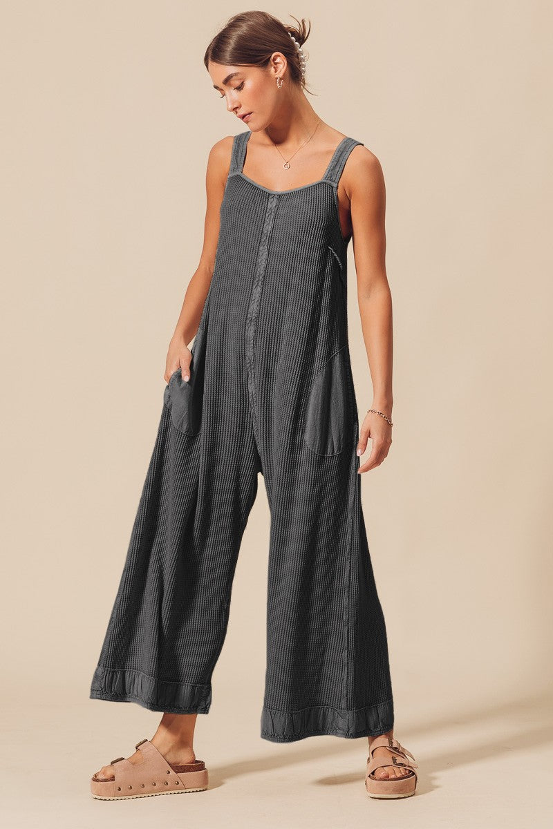 Mineral Washed Thermal Waffle Wide Leg Overalls