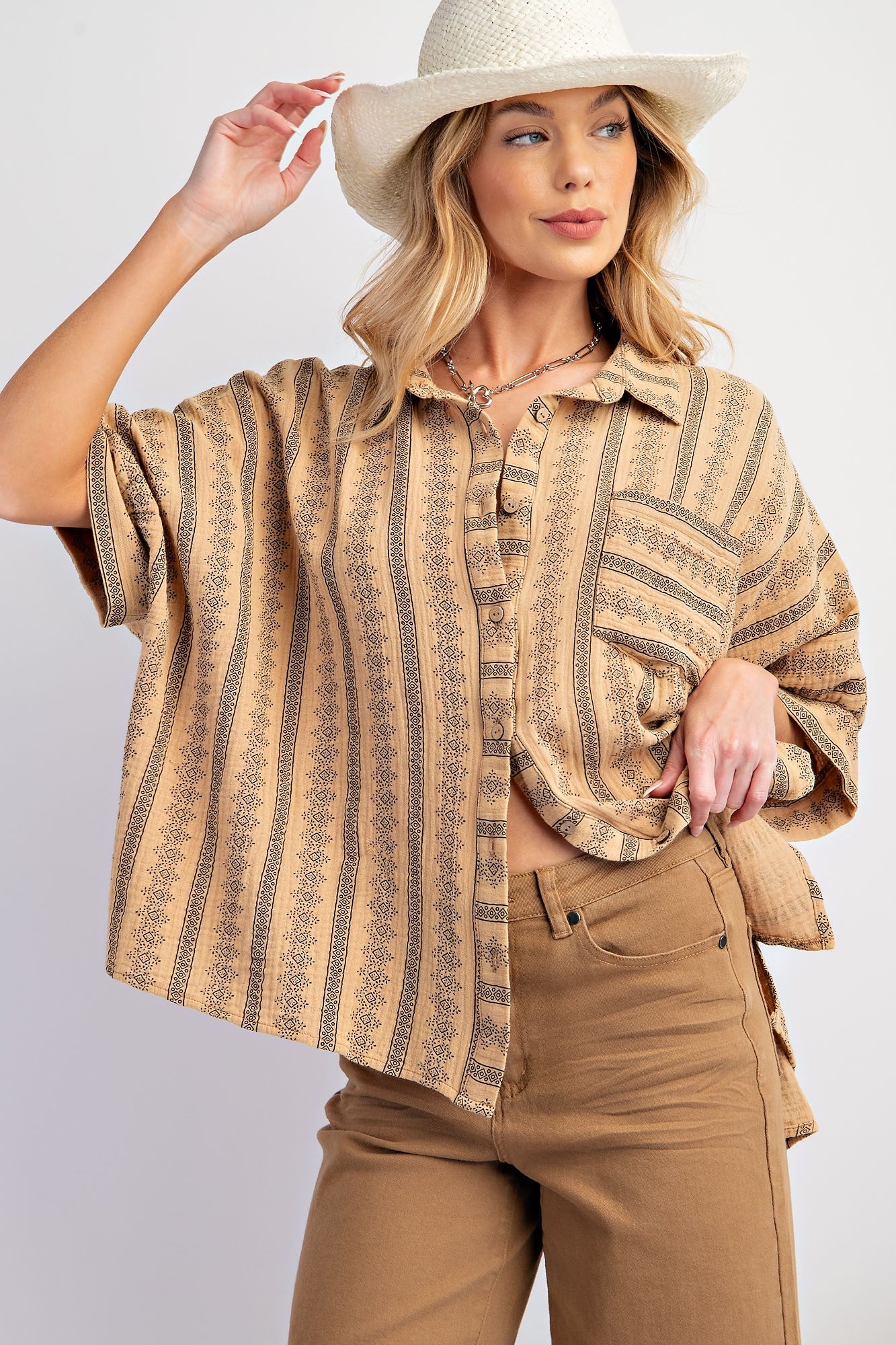 Printed Cotton Gauze Mineral Washed Button Down