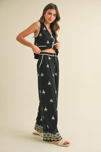 Embroidered Vest And Wide Leg Pants Set