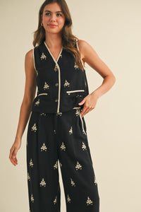 Embroidered Vest And Wide Leg Pants Set