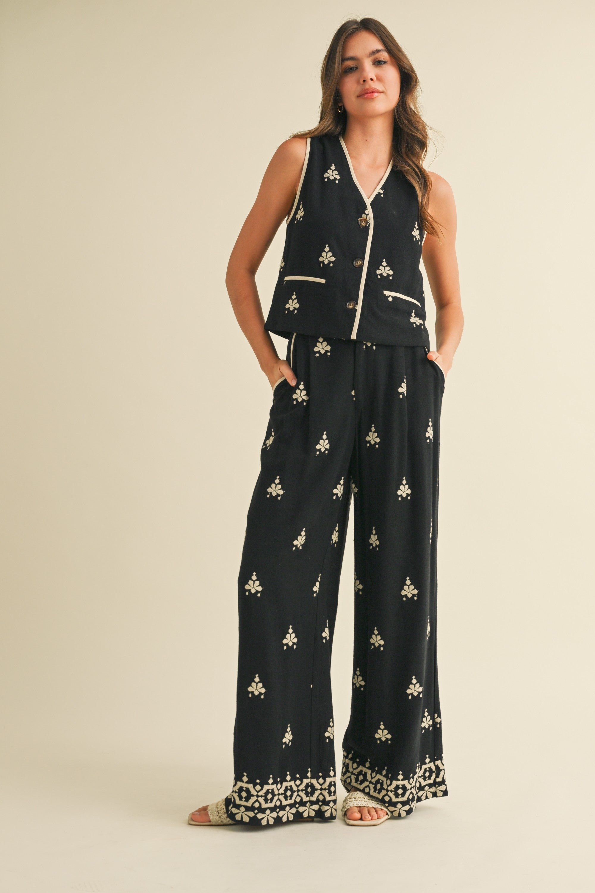 Embroidered Vest And Wide Leg Pants Set
