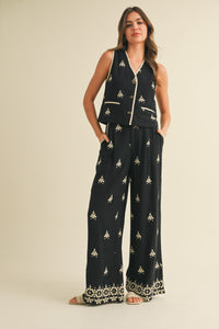 Embroidered Vest And Wide Leg Pants Set