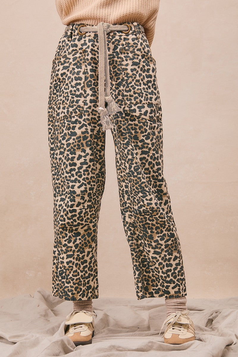 Braided Waist Belt Patch Leopard Print Pants