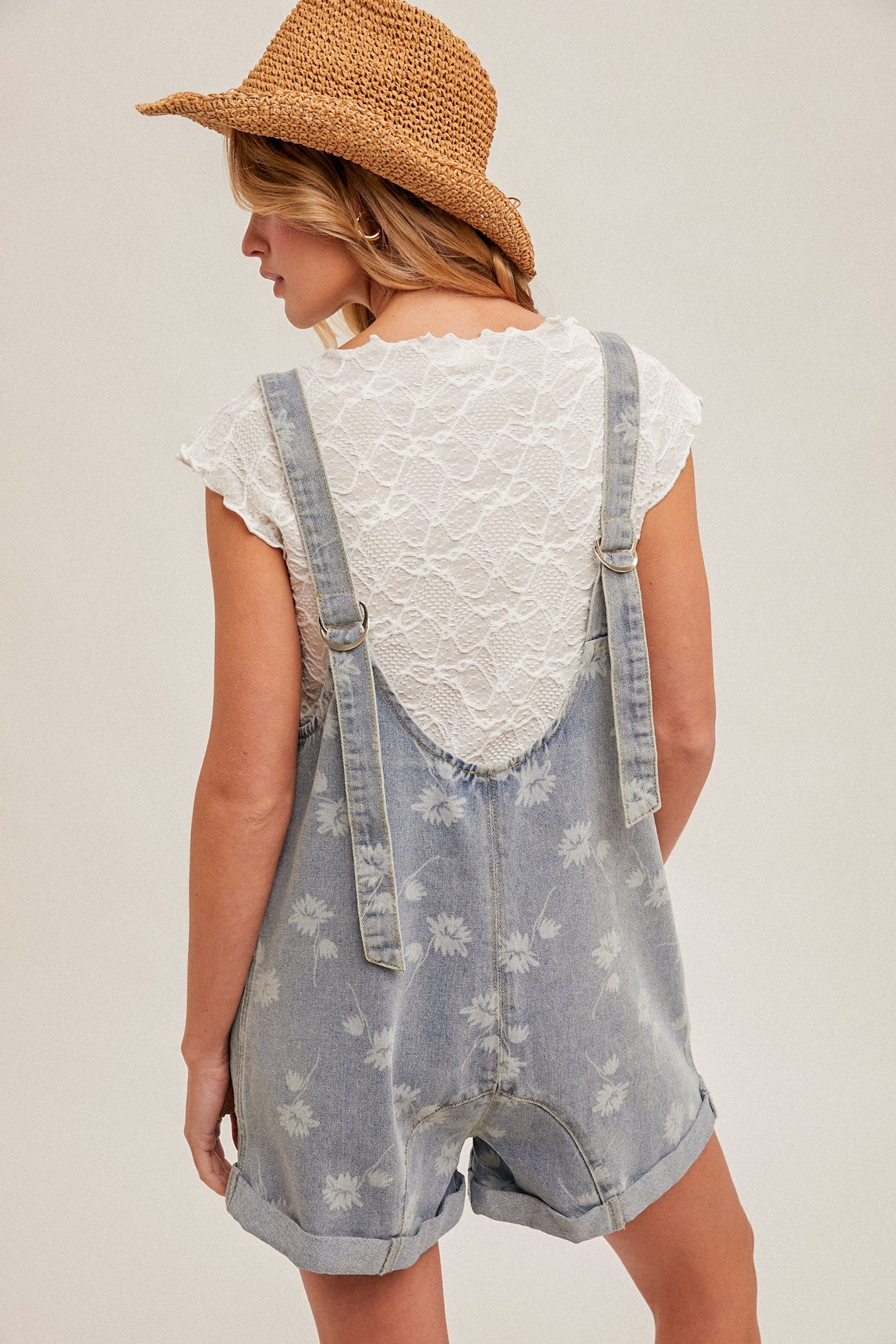 Flower Motif Denim Shortall