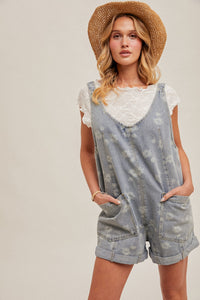 Flower Motif Denim Shortall