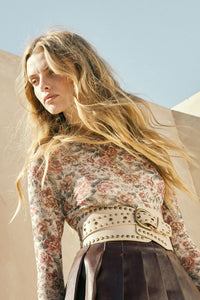Cream Floral Mesh Mock Neck Top
