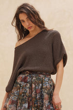 Load image into Gallery viewer, Warm Charcoal Pointelle Knit Short-Sleeve Sweater

