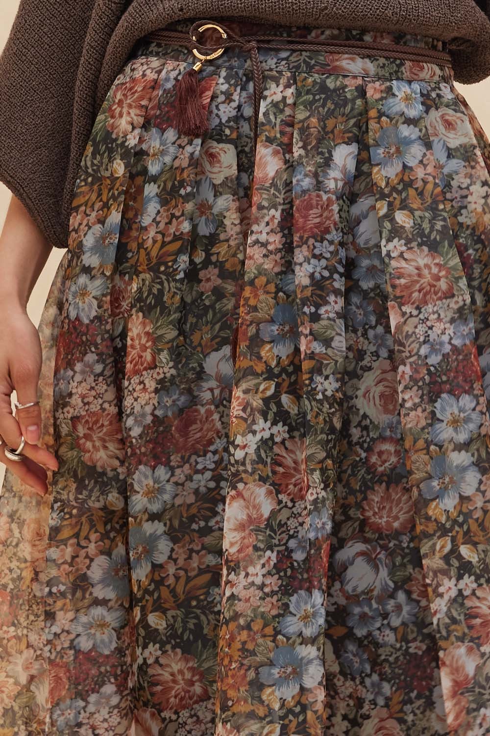 Floral-Print Organza Pleated Midi Skirt