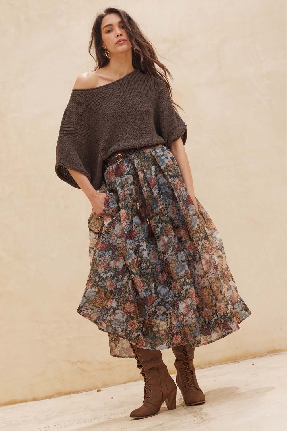 Floral-Print Organza Pleated Midi Skirt