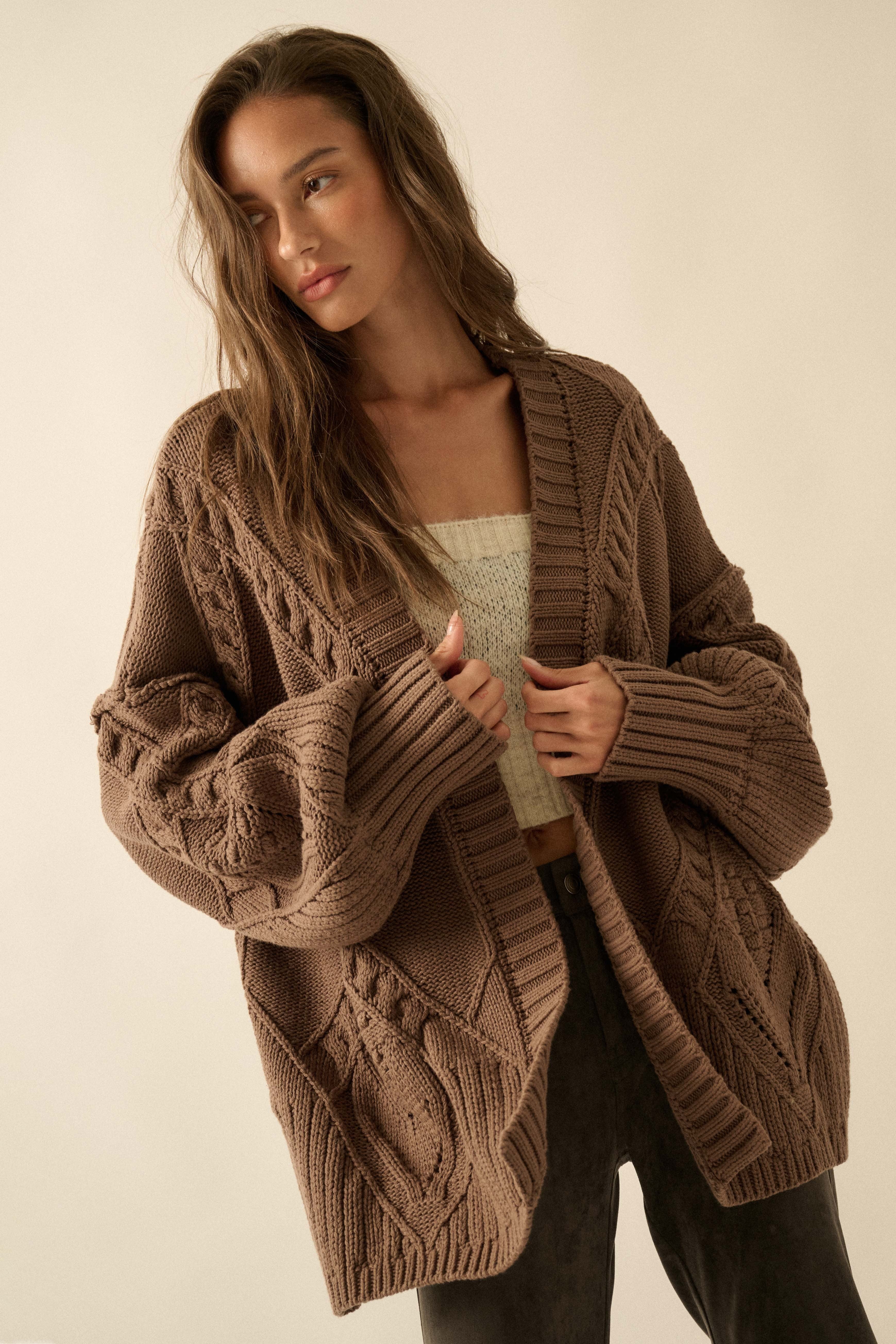 Mocha Cable Knit Oversize Cardigan