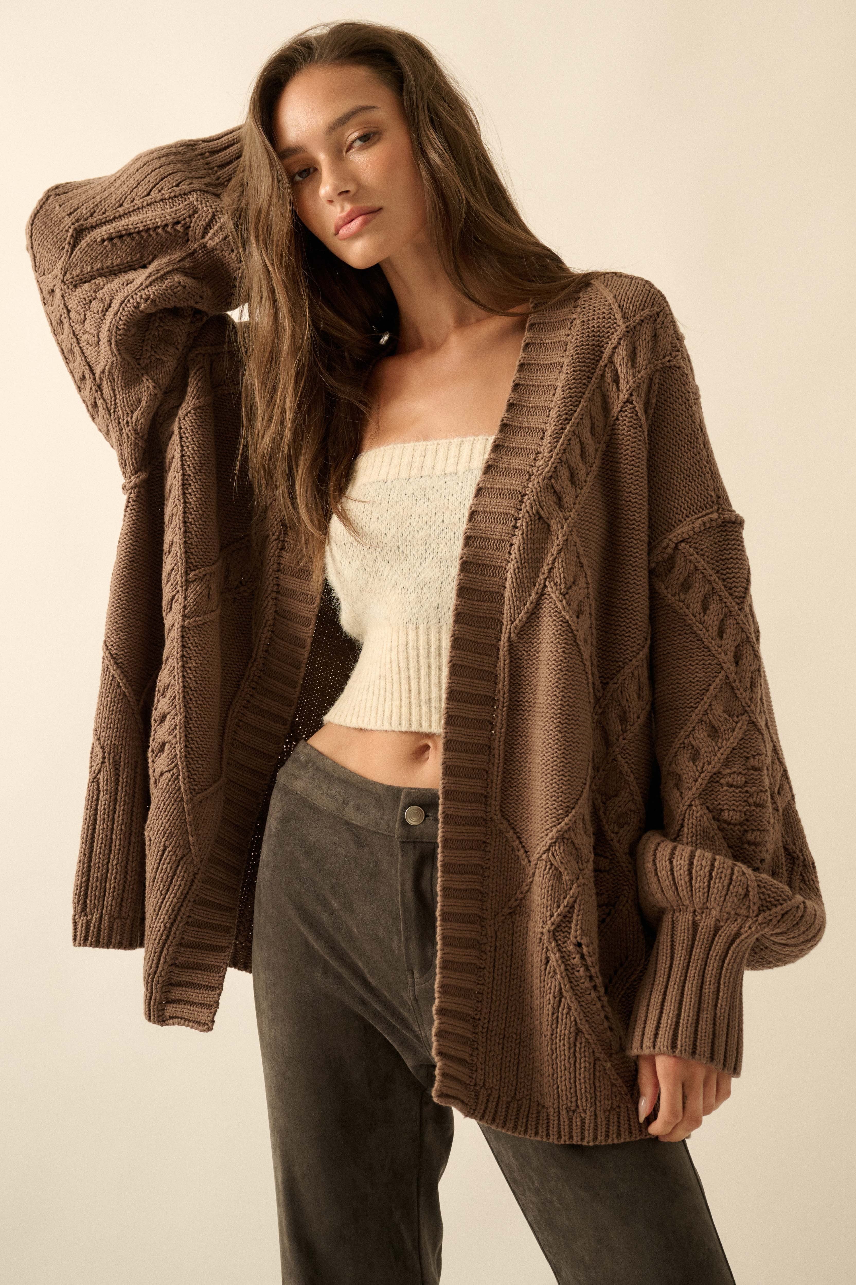 Mocha Cable Knit Oversize Cardigan