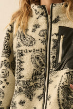 Load image into Gallery viewer, Paisley Sherpa Zip-Up Jacket- CREAM
