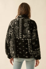 Load image into Gallery viewer, Paisley Sherpa Zip-Up Fleece- BLACK
