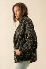 Load image into Gallery viewer, Paisley Sherpa Zip-Up Fleece- BLACK
