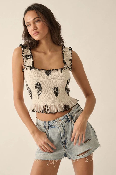 Floral Mesh Smocked Ruffle Top