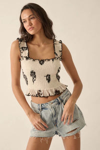 Floral Mesh Smocked Ruffle Top