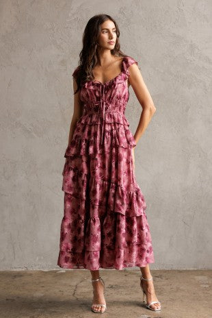 Berry Floral Tiered Jacquard  Midi Dress