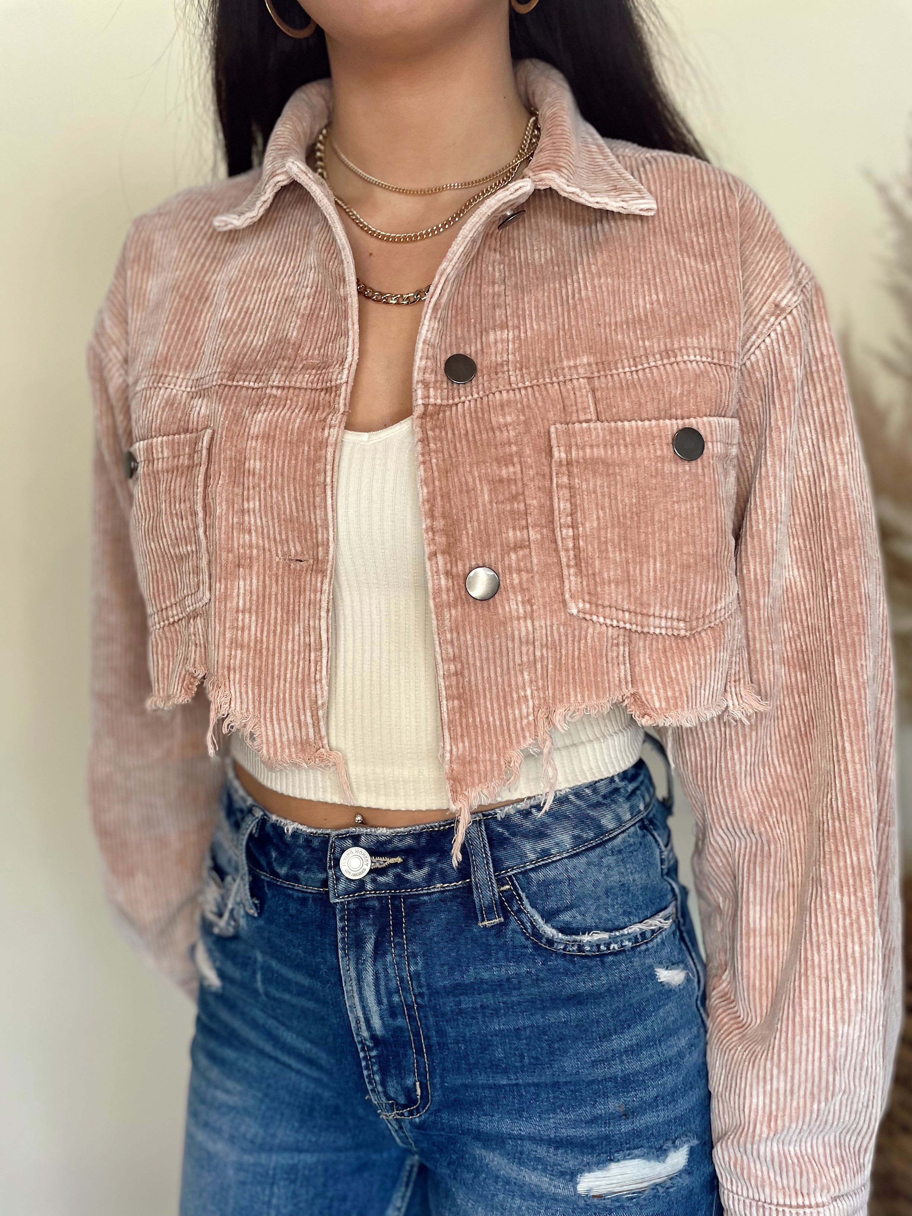 Distressed Crop Corduroy Jacket- Rose