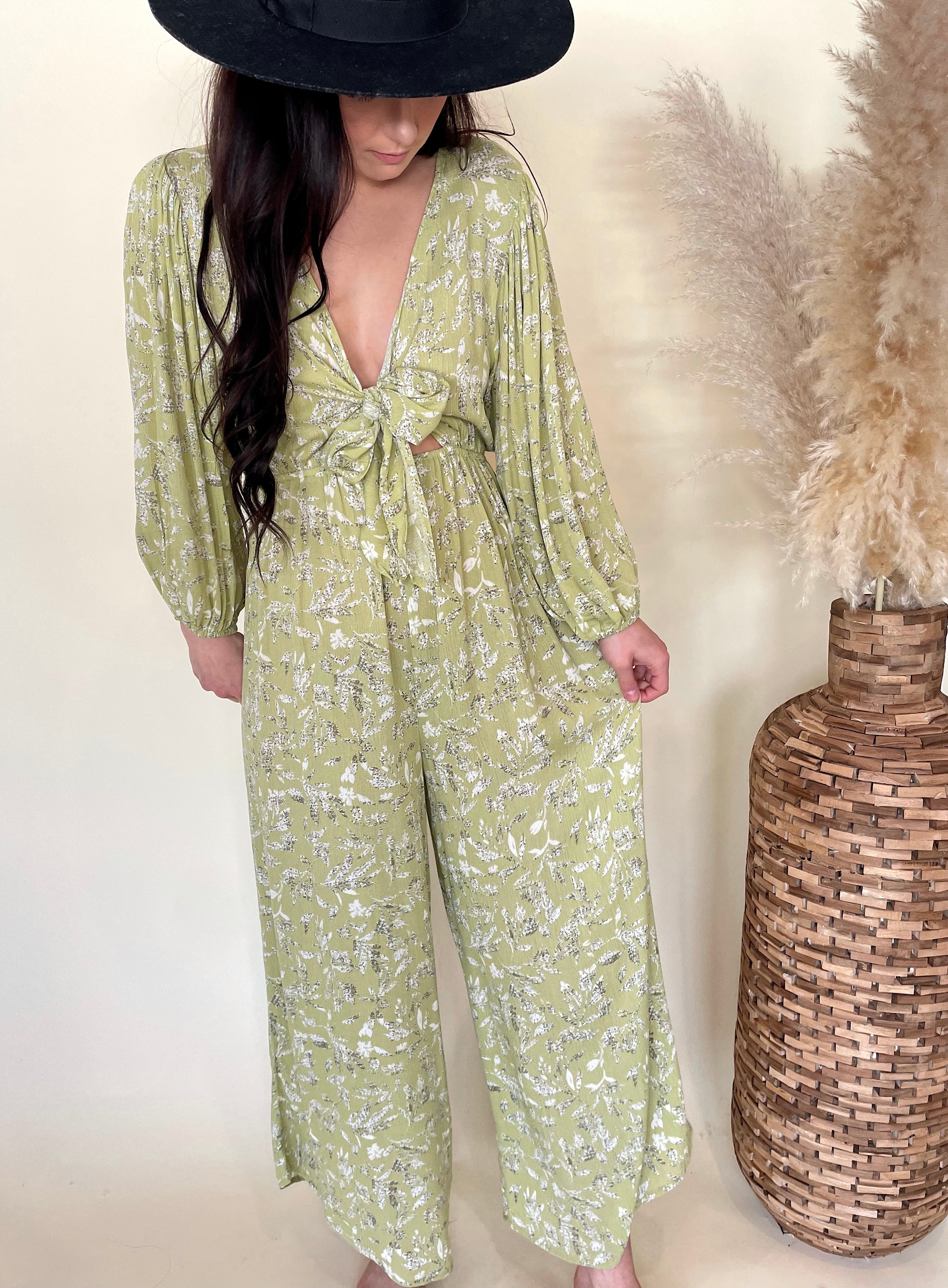 Lime Front Knot Printed Jumpsuit