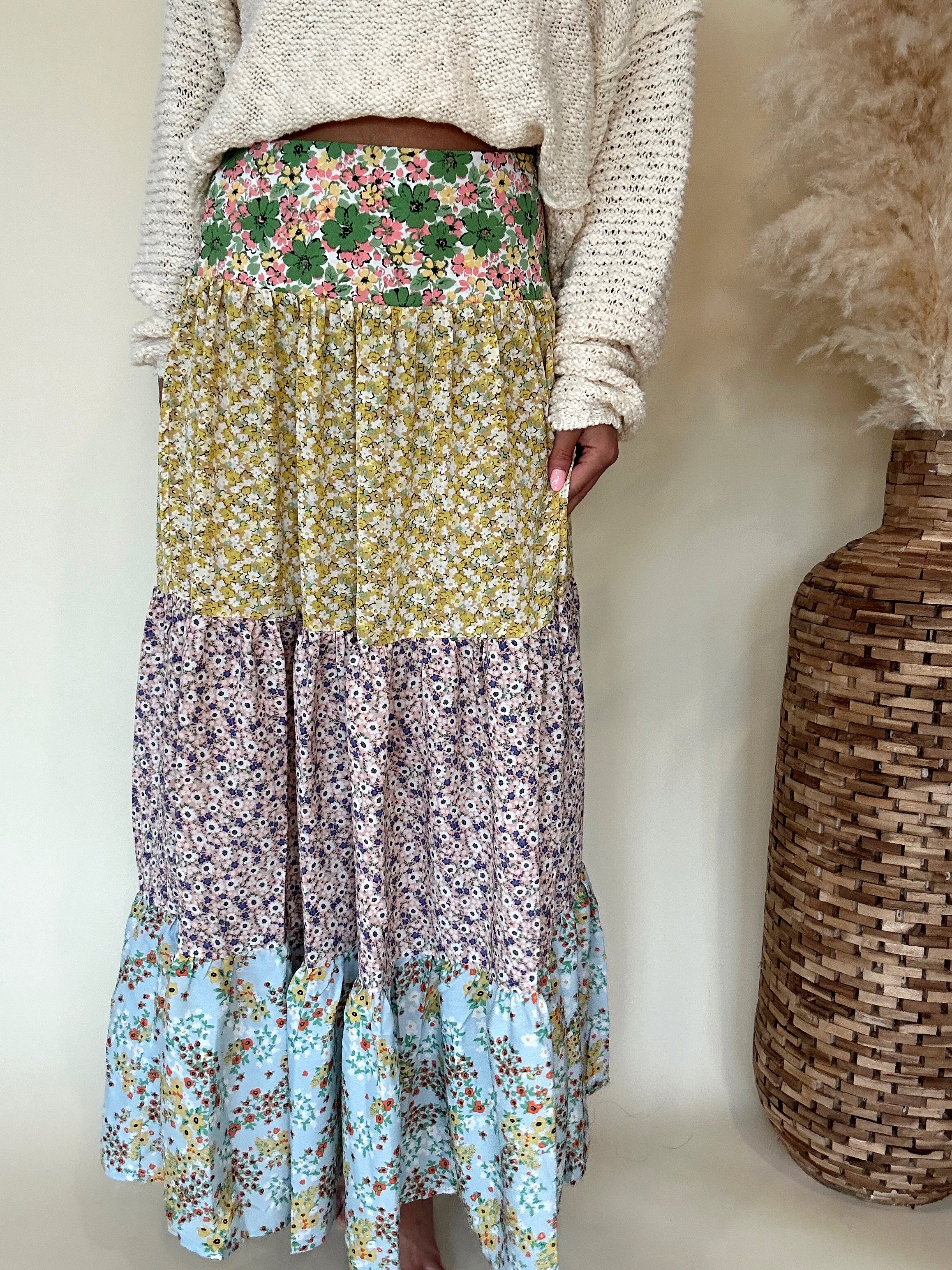 Multi Floral Patched Maxi Skirt