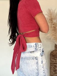 Crop Cross Over Knit Top- Red